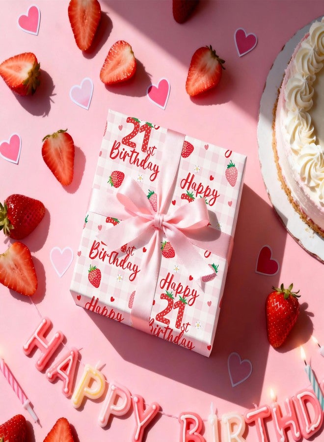 LeZakaa Happy 21st Birthday Wrapping Paper Roll, Strawberry & Pink Gingham Gift Wrap for Woman’s Twenty-First Age21 Birthday Party, Gifts & Celebrations, Mini Roll 17 in x 16.4 Ft - Image 5